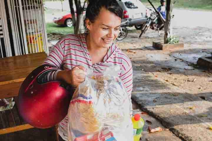 Woman holding care package