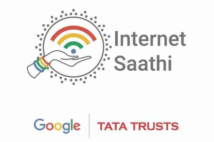 Logo of Internet Saathi, Initiative of Google India & Tata Trust: Network signal on Palm up hand 